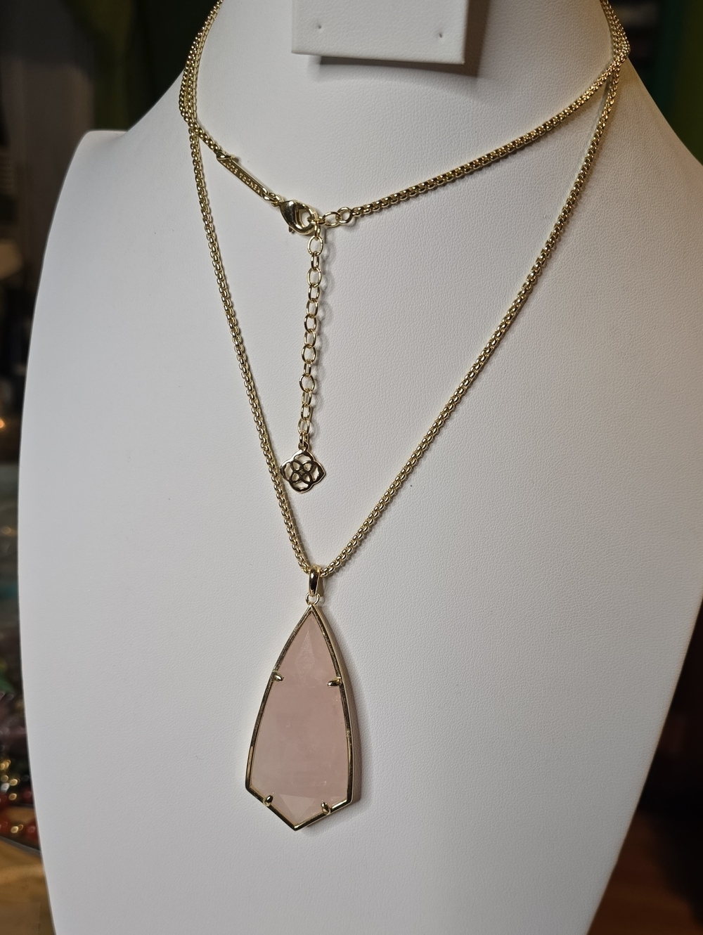 Gold-Tone Double Layer Necklace with Light Pink Stone Pendant